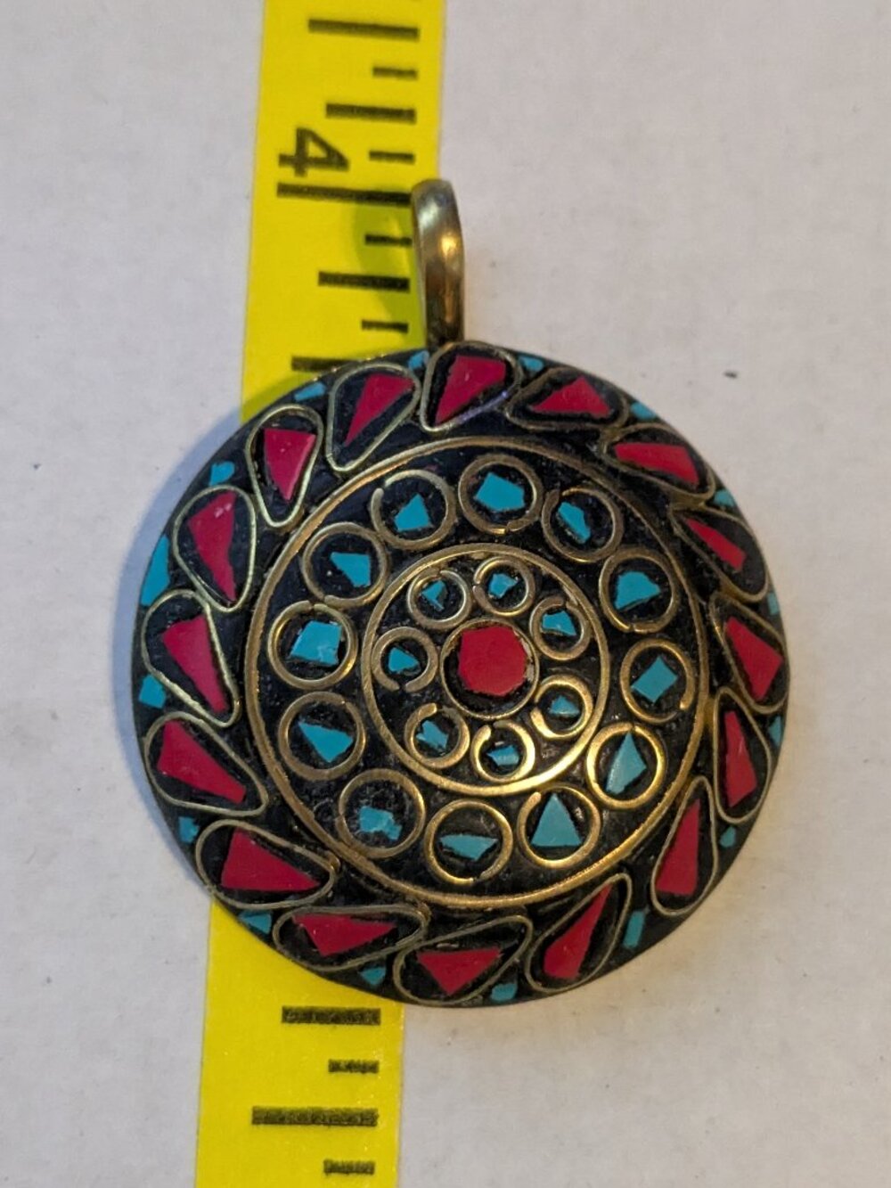 Ethnic Tribal Brass Turquoise Coral Inlay Round Pendant